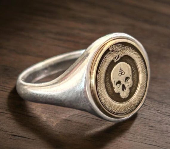 Ouroboros Ring, Skull Signet Ring Woman, Snake Jewelry, Serpent Pinky Ring Men, Leviathan Cross Gift, Satanic Gift for Him, Gift for Her