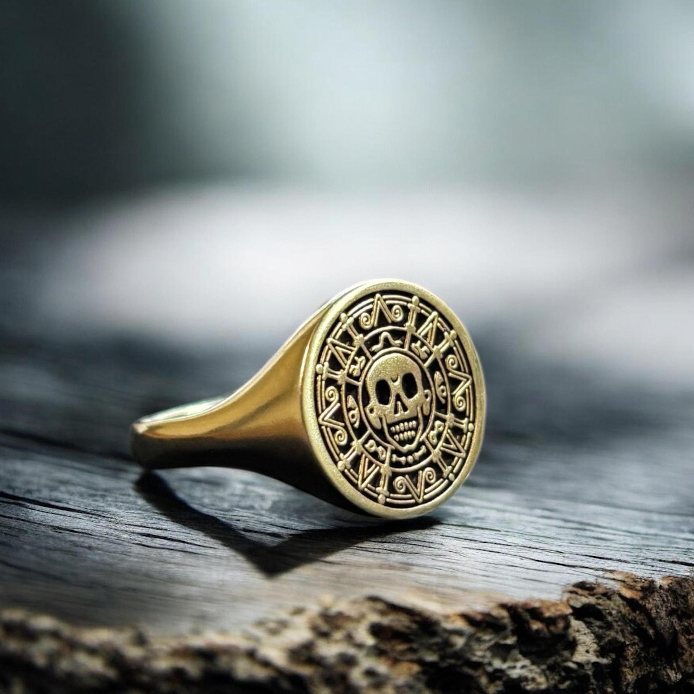 Aztec Coin Ring, Silver Pirate of the Caribbean Signet Ring, Skull ...
