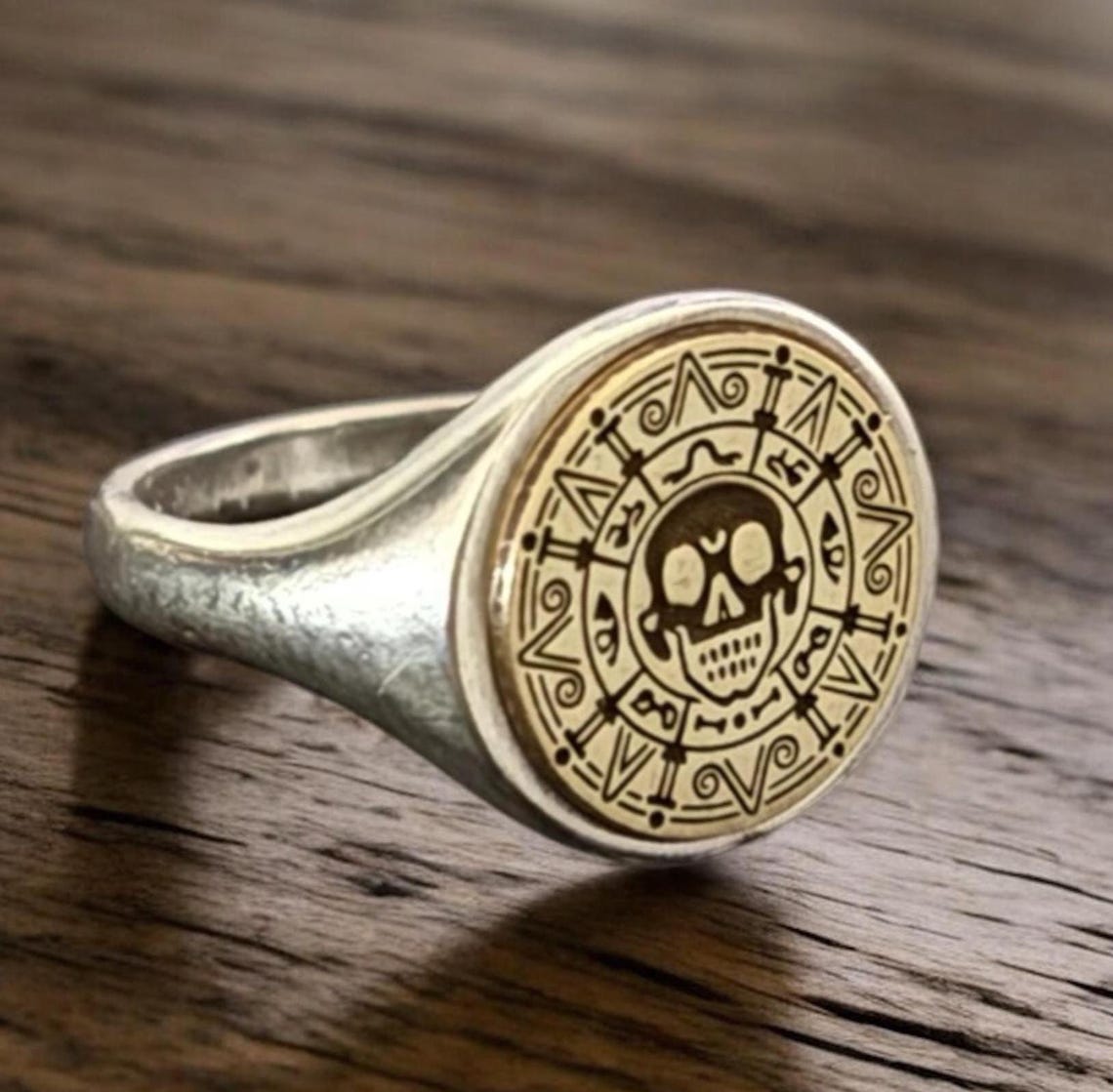 Aztec Coin Ring, Silver Pirate of the Caribbean Signet Ring, Skull ...