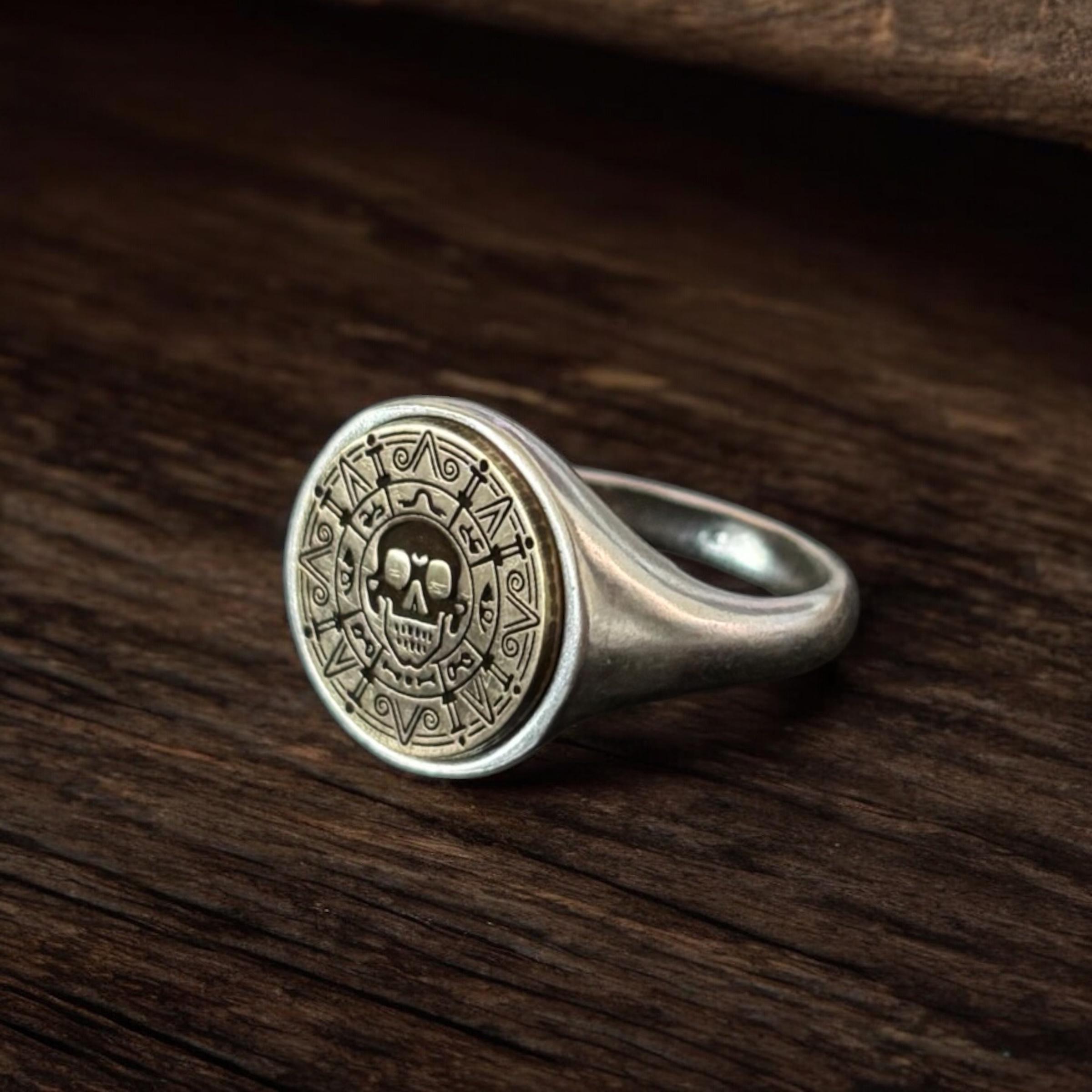 Aztec Coin Ring, Silver Pirate of the Caribbean Signet Ring, Skull ...