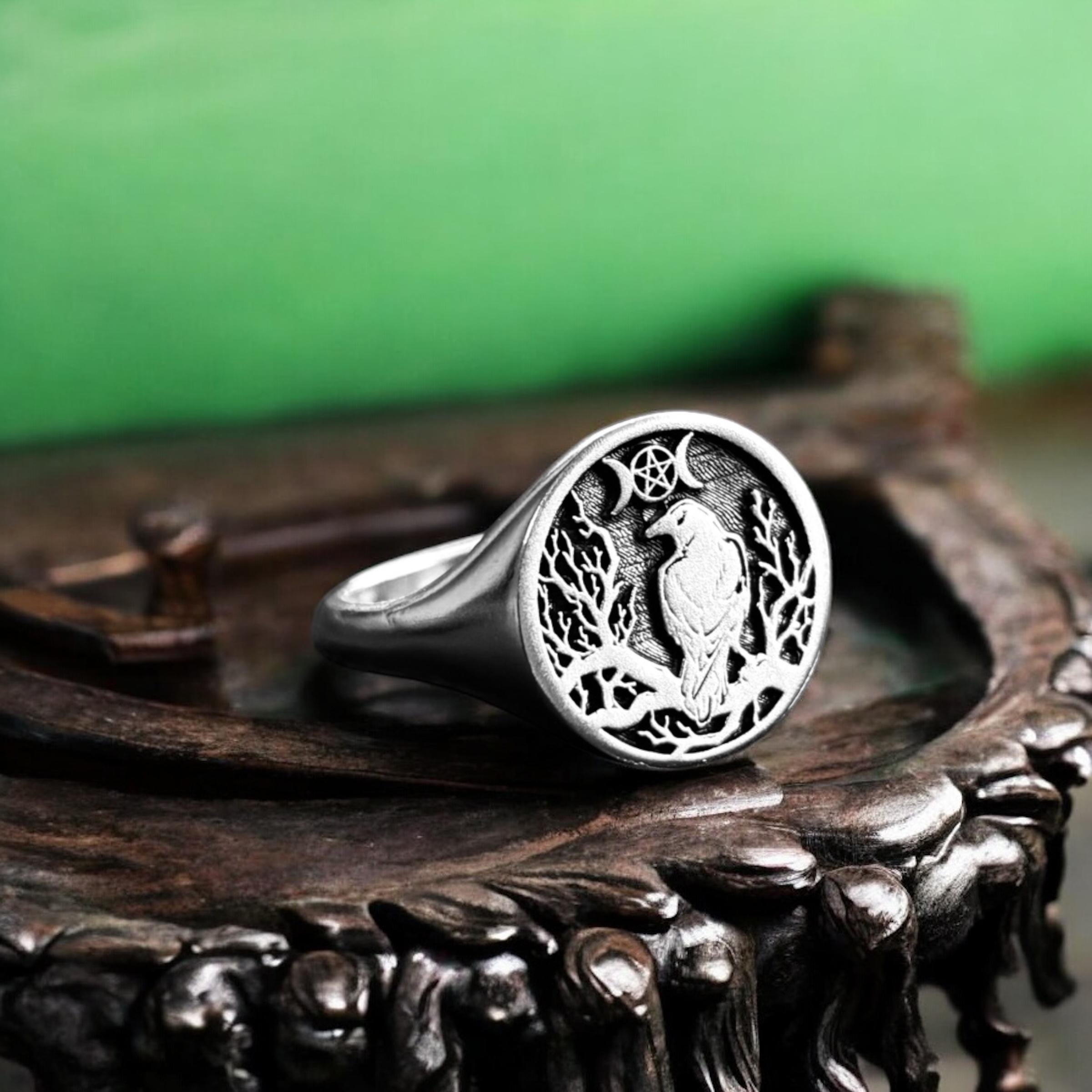 Raven Signet Ring, Crow Silver Pinky Ring, Corvine Gothic Jewelry ...