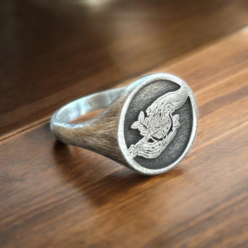 Hades en Persephone-ring, zilveren zegelring granaatappel, oude Griekse pinkring man, mythologie sieraden, verjaardagscadeau voor hem en haar afbeelding 8