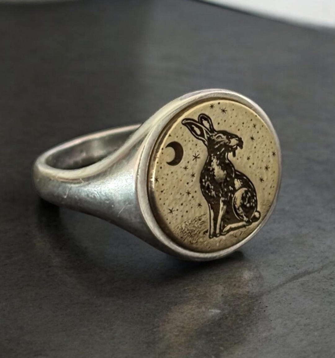 Rabbit Ring, Silver Bunny Pinky Ring Man, Animal Jewelry, Moon and ...