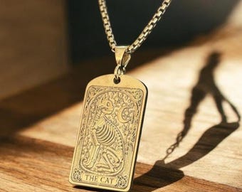 The Cat Tarot Necklace, Pet Lovers Pendant, Animal Tarot Chain, Gold Birthday Charm, Unisex Gothic Gift, Tiny Tarot Card Jewelry Men & Women
