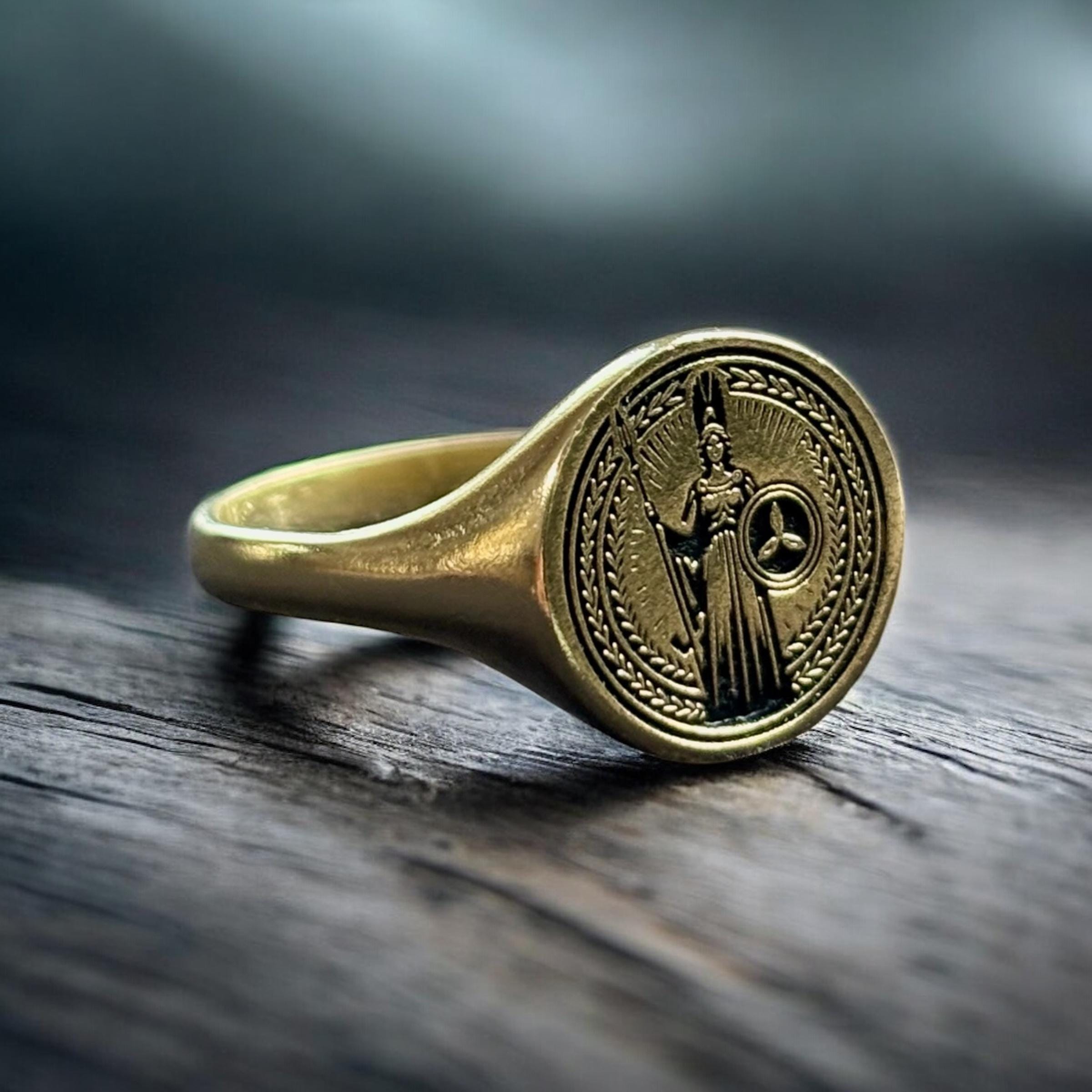 Gold Plated Athena Ring &ndash; Sterling Silver Owl Wisdom Signet for Men and Women
