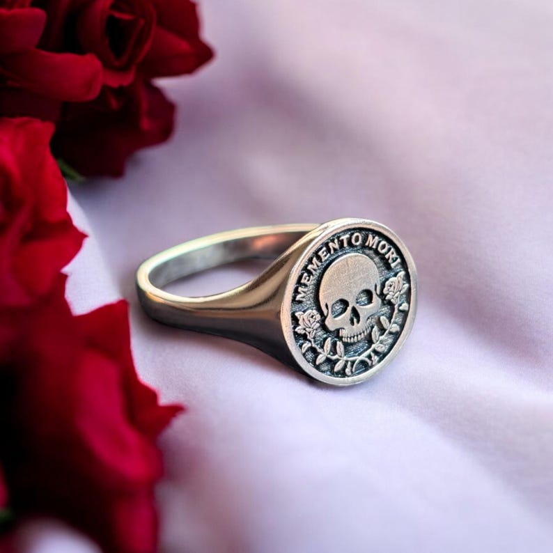 Memento Mori Ring, Silver Rose Skull Signet Ring, Memento Vivere Pinky Ring Men, Amor Fati Jewelry Women, Stoic Birthday Gift Him and Her Rose Gold