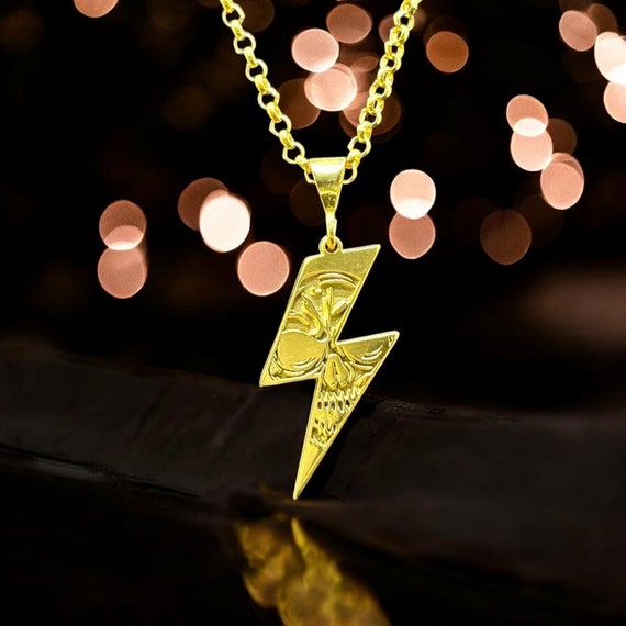 Lightning Skull Necklace Man, Silver Flash Skeleton Pendant