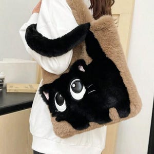 Fashion Cute Cat Pattern Shoulder Bag, Autumn Winter Plush Tote Bag, Cartoon Color Contrast Large Capacity Diagonal Crossbody Bag