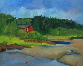 Maine coastal landscape near Atlantic inlet with Red house. Painted on location Small Point Maine, Atlantic Ocean.