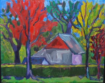 Colorful trees with hedge and barn. Colorful fall landscape painted en plein air. VanGogh style.