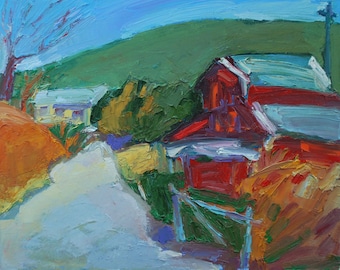 Red Barn with Road and Fence. Palette knife style with a lot of interest and color. California Landscape.