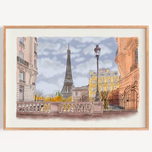 May include: A watercolor painting of a Parisian street scene with the Eiffel Tower in the distance. The painting features a view of a street with buildings on either side, a lamppost, and a wrought iron gate. The buildings are painted in shades of pink, yellow, and brown. The Eiffel Tower is painted in black and gray.