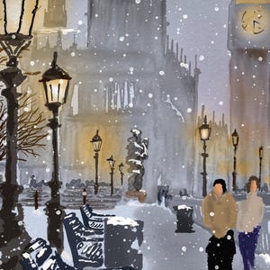 May include: Watercolor painting of a snowy London scene. Features Big Ben, street lamps, benches, and figures walking in the snow. The artwork has a muted color palette with a focus on the architecture and atmosphere.