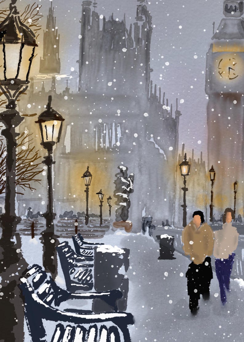 May include: Watercolor painting of a snowy London scene. Features Big Ben, street lamps, benches, and figures walking in the snow. The artwork has a muted color palette with a focus on the architecture and atmosphere.