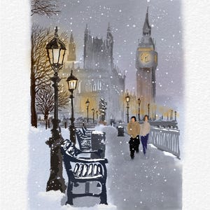 May include: Watercolor painting of a snowy London scene featuring Big Ben and the Houses of Parliament. Black benches and street lamps line a snow-covered walkway. Two figures walk along the path in the winter landscape.
