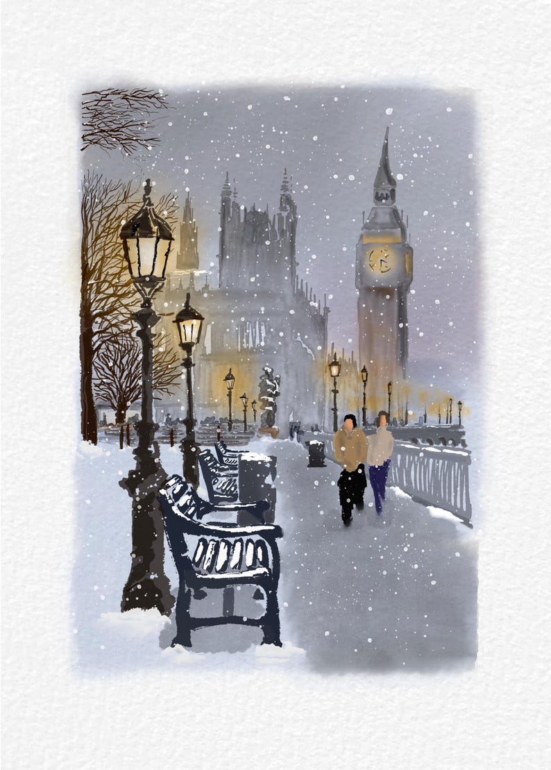 May include: Watercolor painting of a snowy London scene featuring Big Ben and the Houses of Parliament. Black benches and street lamps line a snow-covered walkway. Two figures walk along the path in the winter landscape.