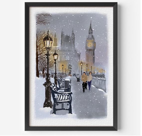 Romantisches Winterbild London Aquarell Big Ben Landschaftsbild Winterlandschaft abstrakt handgemalt