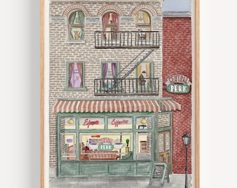 May include: A watercolor illustration of a coffee shop called "Central Perk" with a striped awning, green doors, and large windows. The shop has a sign above the door that says "Central Perk" and a sign above the windows that says "Espresso" and "Cappuccino".