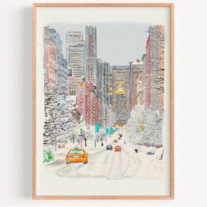 May include: Watercolor painting of a snowy city street scene. An orange taxi cab drives down a snow-covered road lined with tall buildings. The artwork features a light color palette with a wooden frame.