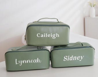 Bride Large Makeup Bag, Valentines Day Gift, Leather Embroidered Makeup Bag, Makeup Organizer, Bridesmaid Gift Name, Bridesmaid Gifts