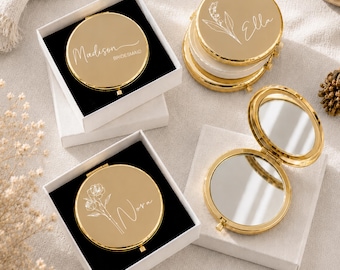 Personalized Compact Mirror For Wedding Gift,Engraved Pocket Mirror With Name For Bridesmaid Gifts,Customized Birth Flower For Birthday Gift