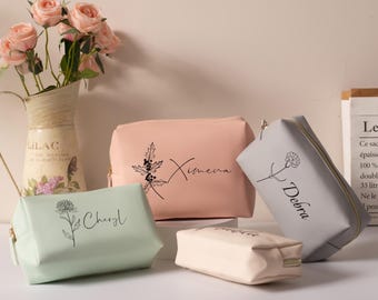 Custom Monogram Leather Makeup Bag, Personalized Cosmetic Pouch for Women, Bridesmaid Gift, Bridal Shower Keepsake Gift, Wedding Party Favor