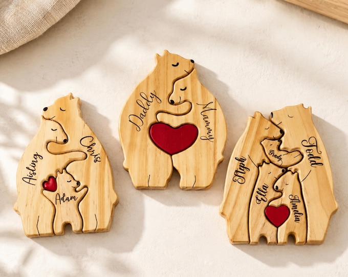 Personalized Wooden Bear Family Puzzle Gift For Her,Engraved Family Name Puzzle,Parents Baby Puzzle Name,Family Home Decor Gift For Kids