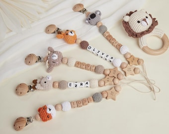 Prendedor de chupeta de crochê feito à mão com nome do bebê, corrente de chupeta personalizada, porta-chupeta de animal personalizado, presente de chá de bebê para presentes de Natal
