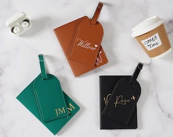 Gepersonaliseerde lederen paspoorthouder, handgemaakt bagagelabel voor cadeaus bruidsmeisje, huwelijksreiscadeau, reisset, bruid, cadeaus voor haar