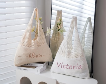Personalized Knitted Beach Bag with Embroidered Name,Handmde Bridesmaid Gifts,Crochet Tote Bag for Women,Bachelorette Bag Gift for Her