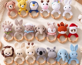 Personalized Animal Crochet Rattle Gifts for Christmas,Engraved Wooden Rattle for Baby Shower Gifts,Newborn Gifts