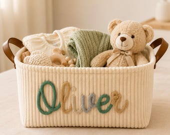 Personalized Baby Gift Basket, Custom Name Nursery Storage Basket, Toy Organizer, Baby Shower Gift, Neutral Nursery Decor