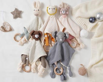 Personalisierte Baby-Sicherheitsdecke mit hölzernem Beißring, individuelle Name Komfortdecke für Neugeborenen Geschenk, handgemachtes sensorisches Spielzeug Geschenk für Säuglinge