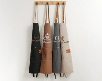 Personalized Name Apron,Canvas Workshop Apron with Pockets for Father's Day Gift,Embroidered Kitchen Apron Gift for Him,Barbeque Apron