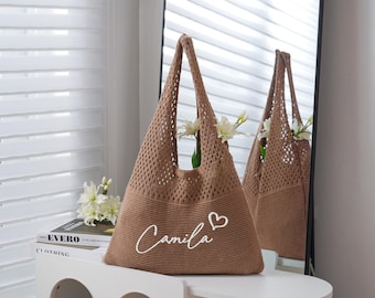 Personalized Knitted Beach Bag with Embroidered Name,Handmde Bridesmaid Gifts,Crochet Tote Bag for Women,Summer Shoulder Bag, Bride Bag