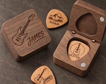 Personalized Guitar Picks, Custom Wooden Guitar Pick Case Box with Engraving, Wood Guitar Pick Organizer Music Gift for Guitarist Musician