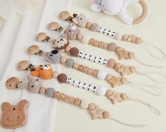 Personalisierte Schnullerkette mit Namen, Schnullerkette mit Gravur, Babypartygeschenk, handgemachtes Häkeltiere, Neugeborenenclip, Geschenk für Sie