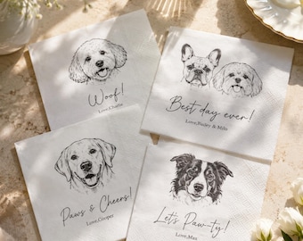 May include: Four square white paper napkins featuring black ink illustrations of dog faces. Each napkin displays a unique dog breed portrait, a custom phrase including Woof, Best day ever, Paws & Cheers, and Let's Paw-ty, and a personalized name.