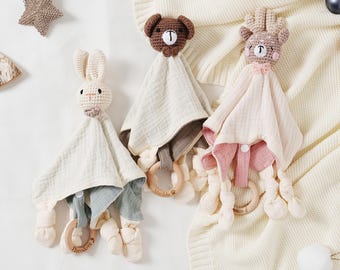 Benutzerdefinierte Kindersicherheitsdecke mit hölzernem Namensring, organische reizende Babydecke, personalisierte Baby-Tiersicherheits-Decke Geschenke für Babys