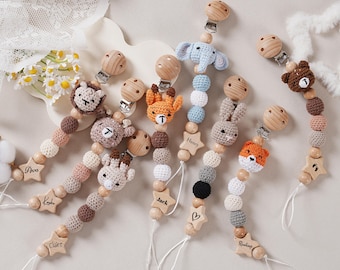 Gepersonaliseerde fopspeenclip met gehaakt dier voor babyshower, handgemaakte gehaakte fopspeenclip cadeau voor haar, fopspeenhouder