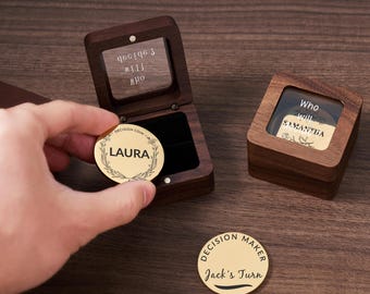 Personalized Coin with Wooden Box - Custom Flip Coin for Couples, Decision Making Coin for Special Occasions, Ideal Birthday Gift