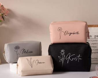 Custom Monogram Leather Makeup Bag, Personalized Cosmetic Pouch for Women, Bridesmaid Gift, Bridal Shower Keepsake Gift, Wedding Party Favor