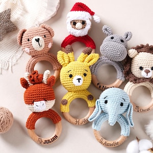Sonajero de ganchillo personalizado con forma de animal, ideal para regalos de Navidad. Sonajero de ganchillo grabado con nombre, perfecto como regalo para baby shower o para recién nacidos.