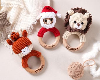 Personalized Rattle Bunny for Christmas Gift,Engraving Wooden Rattle Ring Gift for Her, Newborn Gift,Gift for Nephew Niece