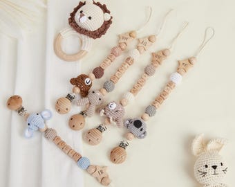 Custom Name Pacifier Clip with Crocheted Animal,Personalized Wooden Pacifier Clip,Silicone Crochet Beaded,Baby Shower Gift for Kids