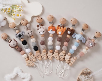 Gepersonaliseerde fopspeenclip met gehaakt dier voor babyshower, handgemaakte gehaakte fopspeenclip cadeau voor haar, fopspeenhouder