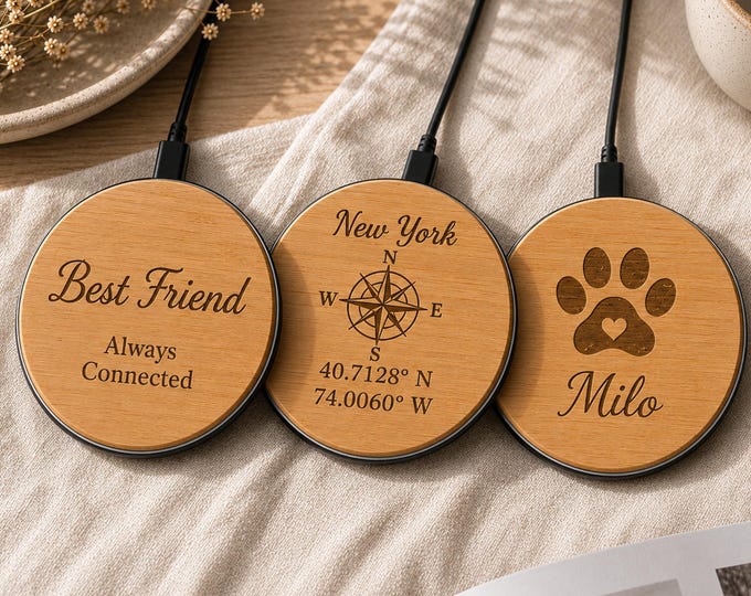 Personalized Wireless Charger, Custom Engraved Wooden Charging Pad with Name or Photo