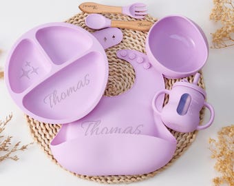 Personalized Purple Silicone Baby Weaning Set,Custom Toddler Plate With Engraved Name,  BPA-Free Cartoon Feeding Set For Baby Shower Gift
