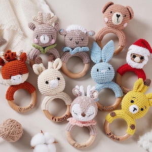 Personalized Animal Crochet Rattle,Custom Wooden Baby Rattle,Engraved Crochet Toy Rattle With Name For Baby,Baby Shower Gift,Newborn Gift