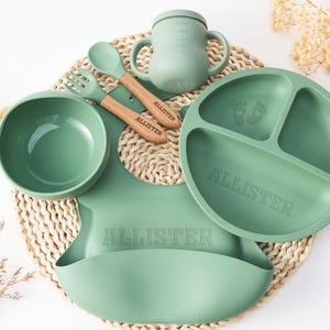 Personalisierte Silikon-Weaning-Set, Cartoon-Weaning-Set für Kleinkind-Baby-Kinder, Fütterungsset mit Name, umweltfreundlich, Baby-Teller, Babypartygeschenk